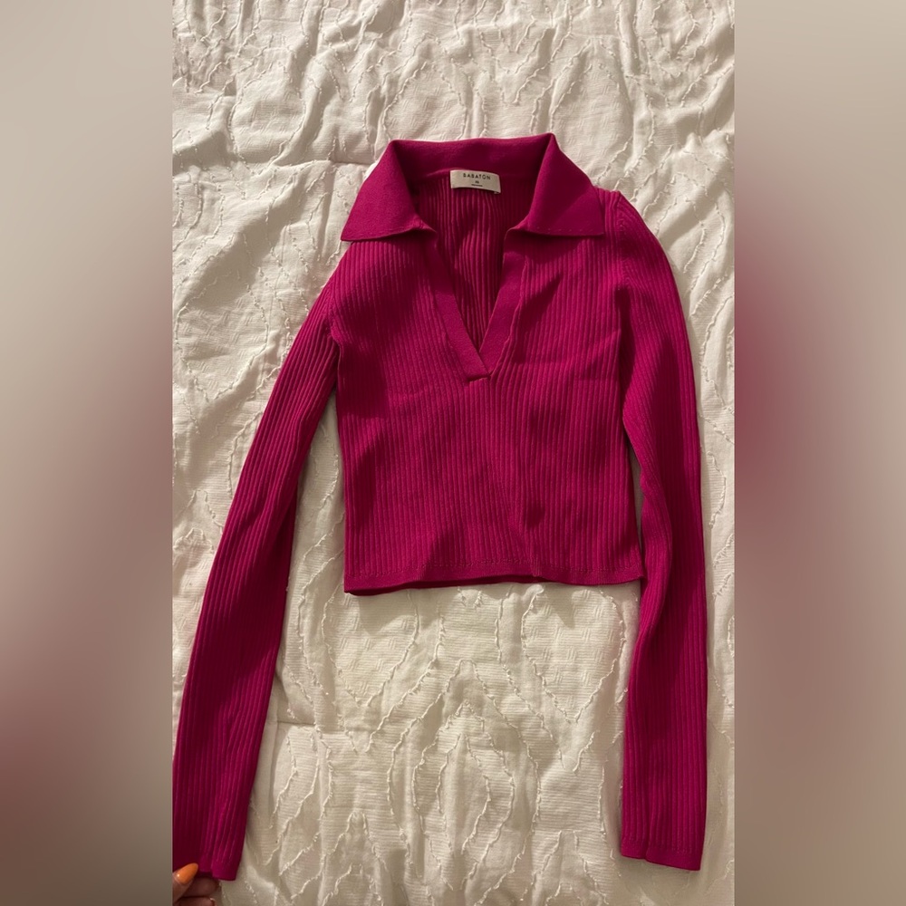 Aritzia Pink Ribbed Long Sleeve Blouse